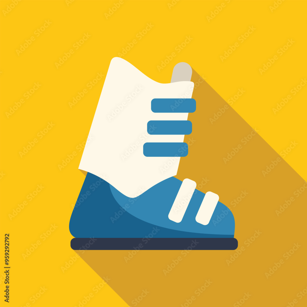 Poster minimalist vector illustration of a blue snowboarding boot, designed in flat style with long shadow