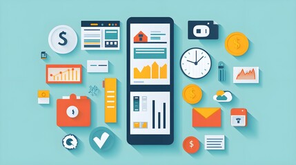 Flat design of a financial app using icons for budgeting, savings, and expenses