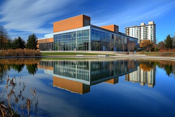 Modern Building Reflected in a Pond
