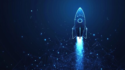 Digital growth arrows up and abstract rocket launch on dark blue technology background. Glowing connected dots and lines. Boosting and Rapid growth concepts. Low poly wireframe vector illustration.