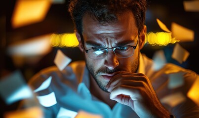 Thoughtful Man in Semi-Formal Clothing Making Thinking Gesture, Yellow Neon Light, Dark Background with Floating Paper
