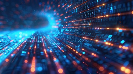 Obraz premium Futuristic digital data streams on a dark blue background, conveying big data and cloud technology concepts through an abstract and vibrant design..