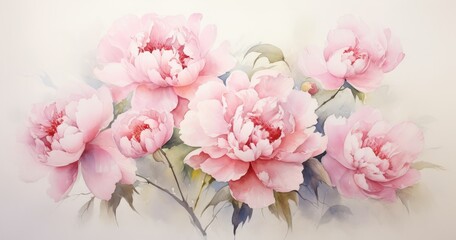 Fototapeta premium A beautiful watercolor painting of pink peonies, showcasing their delicate petals and lush green leaves.