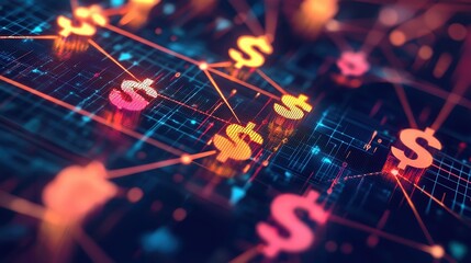 A vibrant digital network featuring dollar symbols, representing financial connections and money flow in a modern economy.