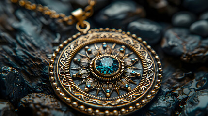 Obraz premium Ornate Gold Pendant with Blue Gemstone Illustration