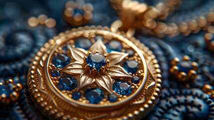 Naklejka premium Closeup of a Gold Pendant with Blue Gemstones