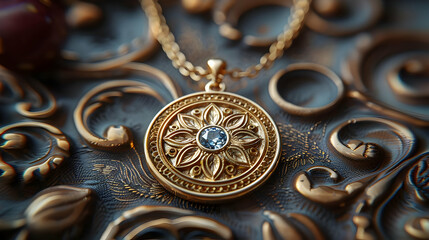 Obraz premium Golden Pendant with Blue Gemstone on Ornate Background - Illustration
