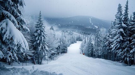 Naklejka premium A snowy mountain slope with tall pine trees and a ski lift in the distance.
