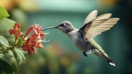Obraz premium Hummingbird's Delicate Sip: Nectar Feast in Mid-Air