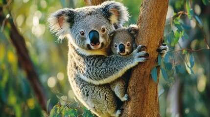 Fototapeta premium Adorable Koala Duo: Mom and Baby Climb Eucalyptus Tree
