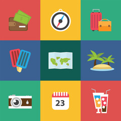 Flat hand drawn vector travel icon set.