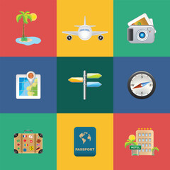 Flat hand drawn vector travel icon set.