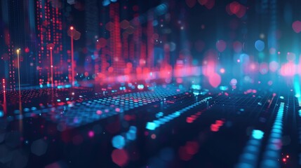 Obraz premium Financial stock market graph with digital elements on a dark blue background, conveying the concepts of financial analysis and business data through a sleek design..