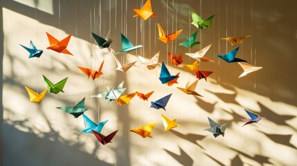 Origami Birds Mobile Creates Playful Shadows on Wall