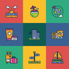 Flat hand drawn vector travel icon set.