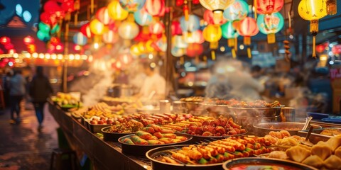 Enchanting street food stall in a lively night market, adorned with colorful lanterns and warm...