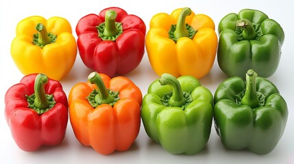Ripe red yellow and green bell peppers displayed on white background