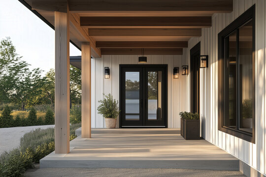 A white modern farmhouse front porch with wood beams and posts, white board and batten siding, and a black and glass door.