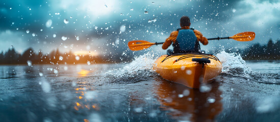 Fototapeta premium A man in a yellow kayak is paddling through the water