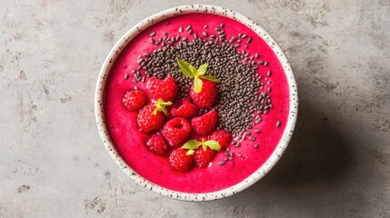 Pink Smoothie Bowl Topped with Raspberries and Chia Seeds