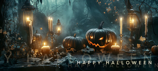 Happy Halloween card with heading, stylish background for party invitation card, poster, wallpaper, banner, backdrop. Traditional carved pumpkin heads, scary creatures, typical Halloween elements. 