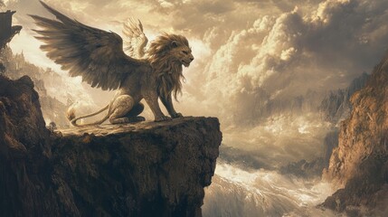Fototapeta premium Griffin on a Cliff: A Majestic Mythical Creature in Art