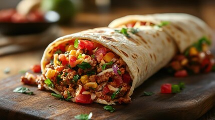 A large, appetizing burrito with colorful fillings, topped with fresh herbs and spices.