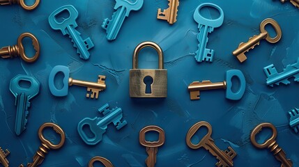 Blue keys scattered across a blue background with a prominent gold padlock in the center, illustrating themes of security and access with a vibrant color contrast..
