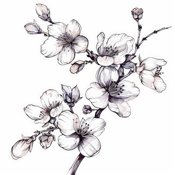 flower, cherry, Japan, floral, vector, nature, illustration, pattern, plant, drawing, leaf, art, vintage, decoration, sketch, branch, design, flowers, blossom, summer, spring, black, rose, garden, bea