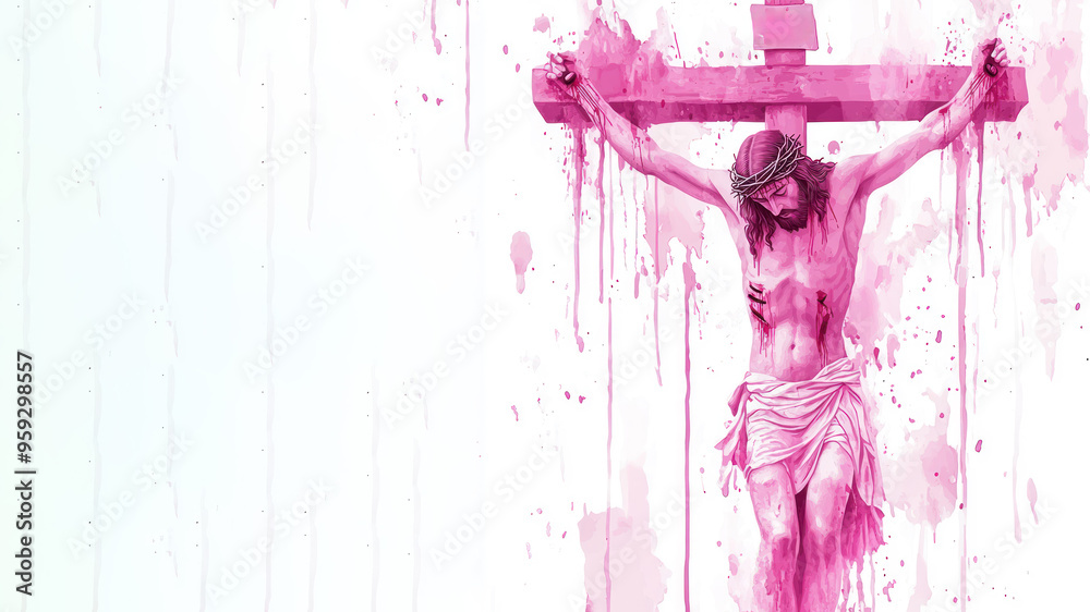 Wall mural Pink watercolor painting of Crucifixion of Jesus Christ