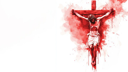 Red watercolor painting of Crucifixion of Jesus Christ