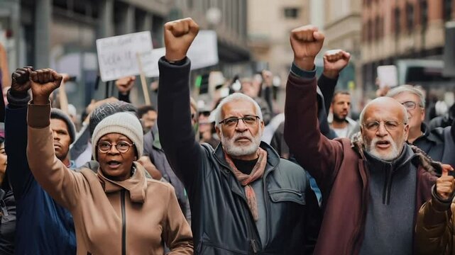 Angry protesters people raising fists on street