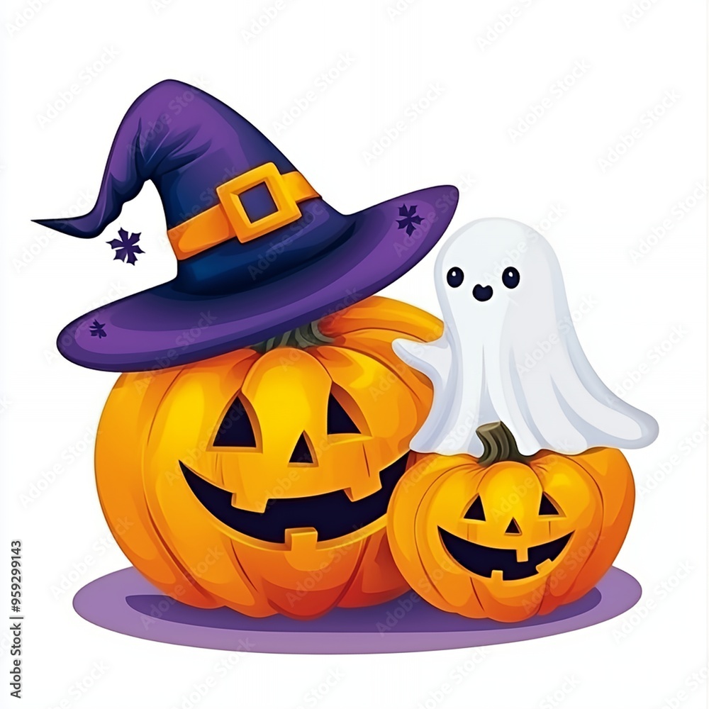 Canvas Prints happy halloween pumpkins with witch hat and ghost