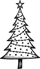 Christmas Tree Doodle Hand Drawn Vector Illustration Black and White silhouette with stars