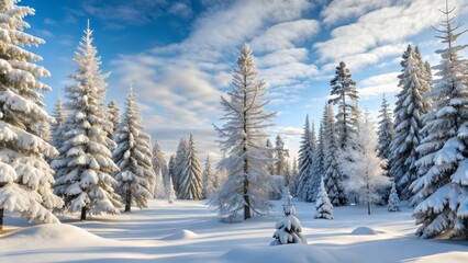 Fototapeta premium Winter Forest with Snow-Covered Trees and Blue Sky