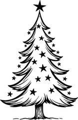 Christmas Tree Doodle Hand Drawn Vector Illustration Black and White silhouette with stars
