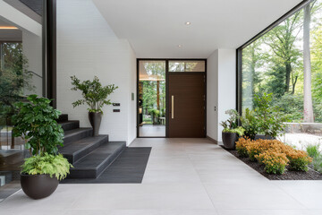 Entrance door modern contemporary style house with white accent