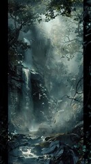A cascading waterfall flows through a lush green forest, sunlight filtering through the dense canopy, creating a mystical atmosphere.
