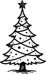 Christmas Tree Doodle Hand Drawn Vector Illustration Black and White silhouette with stars