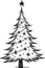 Christmas Tree Doodle Hand Drawn Vector Illustration Black and White silhouette with stars