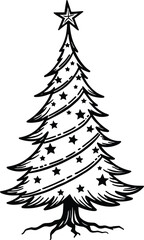Christmas Tree Doodle Hand Drawn Vector Illustration Black and White silhouette with stars