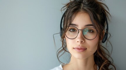 Fototapeta premium Professional young woman with a headset, set against a gray background, symbolizing customer service and efficient communication..
