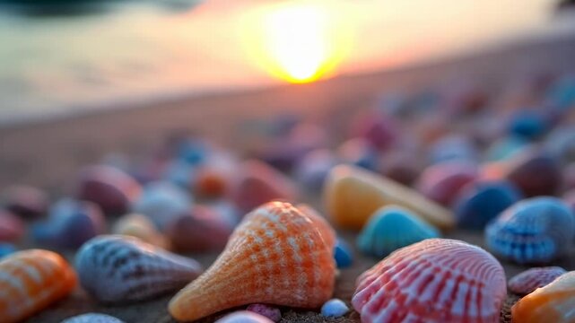 Colorful seashells scattered on sandy beach. Soft focus sunset illuminates background, creating warm glow. Shells' intricate patterns and textures highlighted in foreground.	