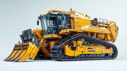 Obraz premium A yellow crawler tractor with large claws, isolated on a white background, ready for heavy tasks.