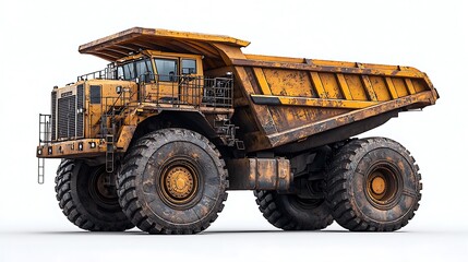 Fototapeta premium A yellow dump truck, isolated on white, showcasing its robust construction capabilities.