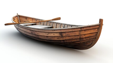 A classic wooden rowboat with an oar, set against a stark white background, perfect for serene waters.