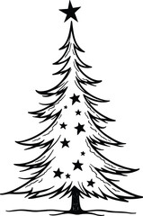 Christmas Tree Doodle Hand Drawn Vector Illustration Black and White silhouette with stars