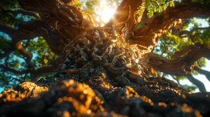 Ancient Tree Trunk Closeup with Sunlight Shining Through Leaves - 3D Illustration