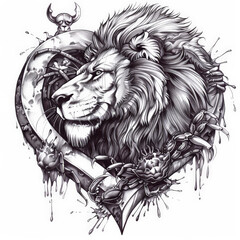 Obraz premium lion, crab, heart, vector, animal, head, lion, tattoo, cat, face, illustration, wild, art, logo, design, black, tribal, mammal, silhouette, predator, feline, symbol, power, drawing, mascot, wildlife, 