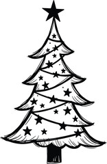 Christmas Tree Doodle Hand Drawn Vector Illustration Black and White silhouette with stars